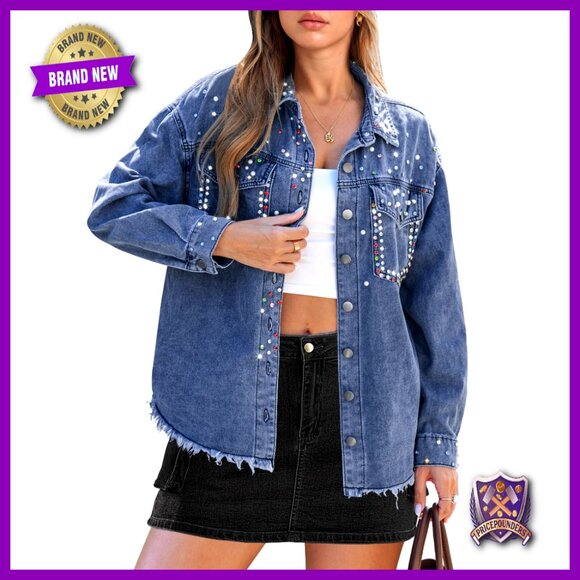 Oversized Denim Jacket Rhinestone Pearl Embellished Frayed Hem Y2K Chic